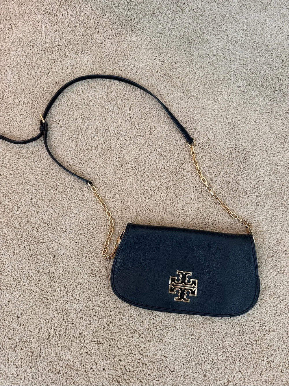 Tory Burch Black Leather Crossbody Bag with Gold Logo and Chain
